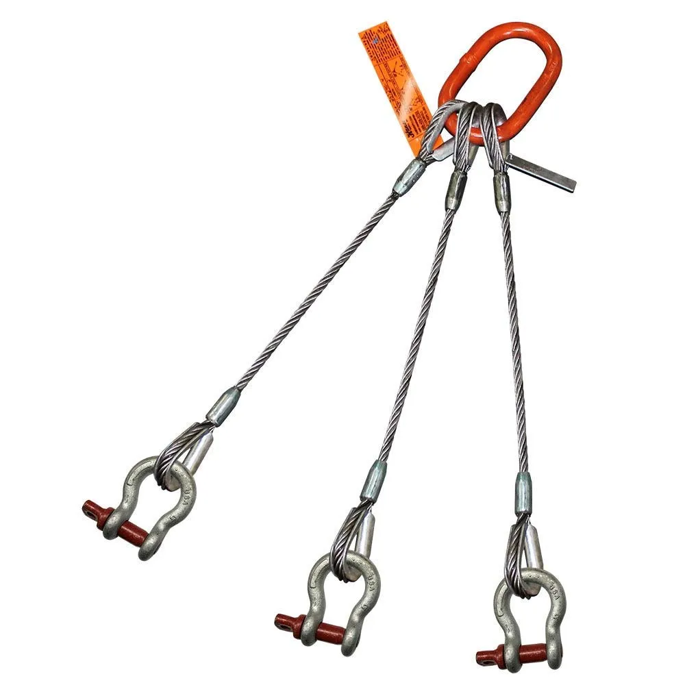 Three Leg Wire Rope Sling | 95 Ton Vertical Rated | Thimble-to-Screw Pin Anchor Shackle | 2" Dia. | 24' Length | EIPS 6x37 IWRC | Hanes Supply (HSI) Heavy Duty Rigging Cable for Lifting and Towing