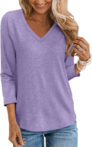 TICTICMIMI Women's V Neck 3/4 Sleeve Tops Casual T Shirts Basic Summer Tees Loose Fit Pullover Tunic