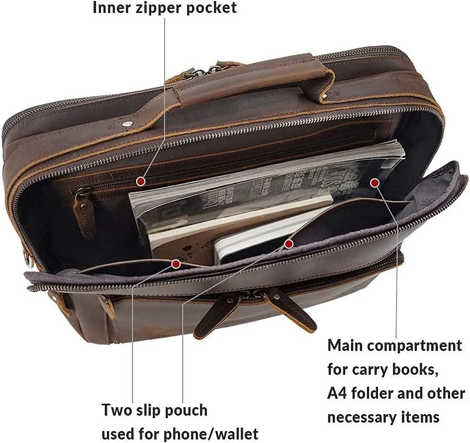 TIDING Leather Briefcase for Men 15.6" Laptop Messenger Bag Travel Business Attache Case