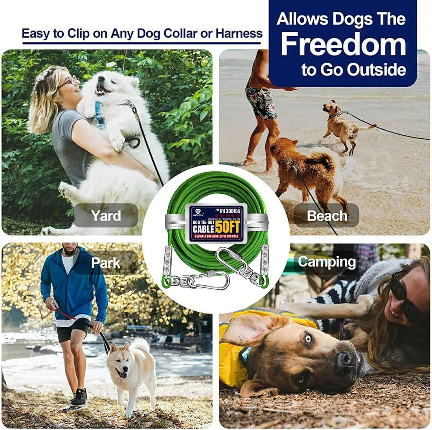 Tie Out Cable for Dogs Up to 300lbs,100ft Extra Strong 1000lbs Break Strength Tie-Out Tether Trolley Training Lead,Dog Run Cable for Yard Garden Park Camping Outside (Green, 300lbs 50ft)