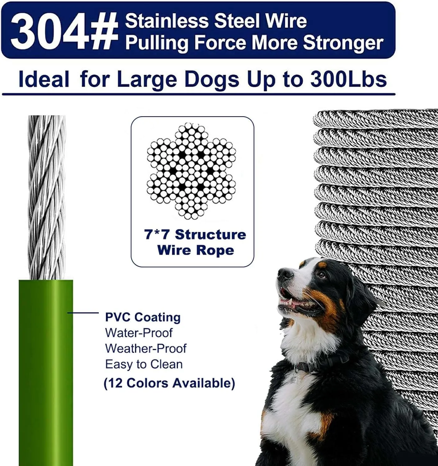 Tie Out Cable for Dogs Up to 300lbs,100ft Extra Strong 1000lbs Break Strength Tie-Out Tether Trolley Training Lead,Dog Run Cable for Yard Garden Park Camping Outside (Green, 300lbs 50ft)