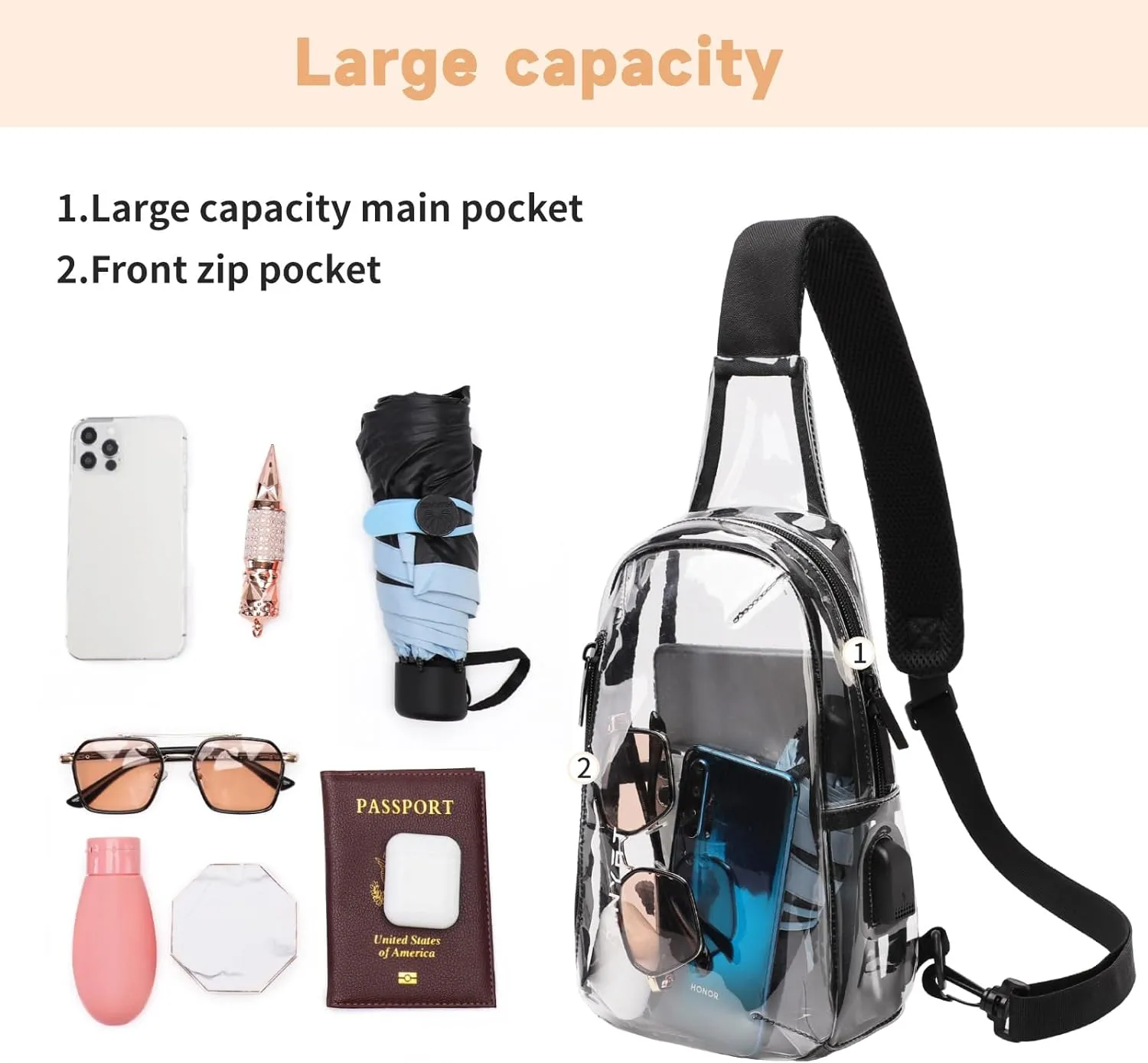 TINYAT Clear Sling Bag Stadium Approved Transparent Bag Crossbody Casual Shoulder Chest Bag for Men Women,T9060