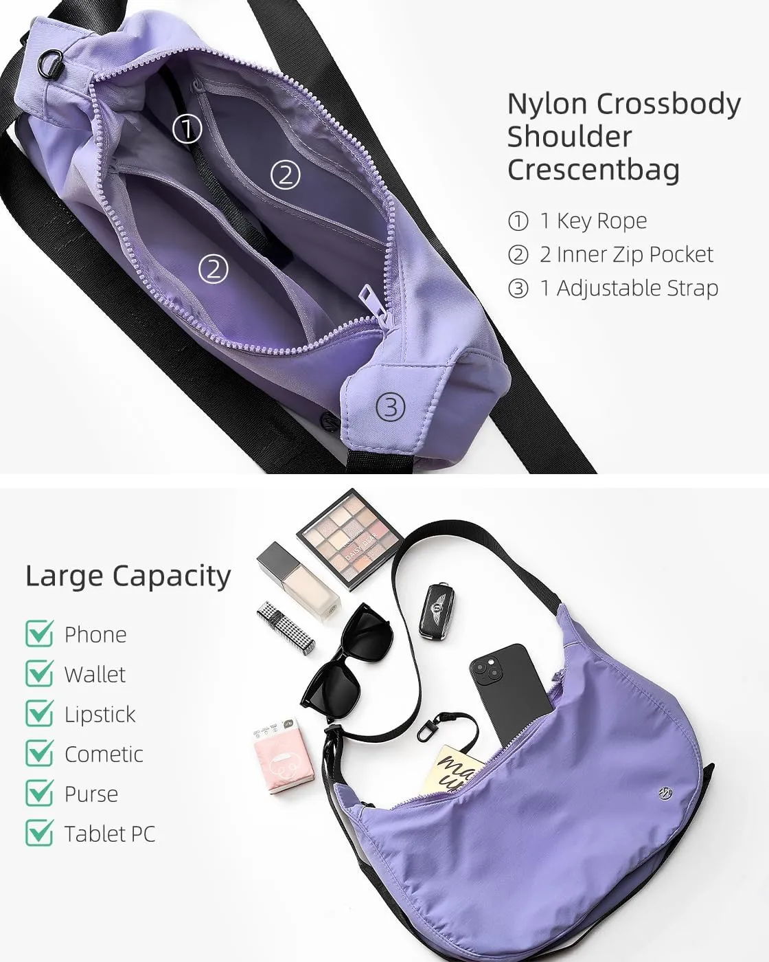 Titosha Medium Nylon Crescent Crossbody Bag for Women with Extended Adjustable Shoulder strap