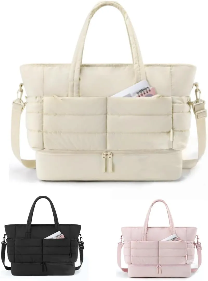 Tote Bag for Women, Puffer Bag and Work Bags with Zipper for Travel, Daily, School, Quilted Nurse Shoulder (Beige)