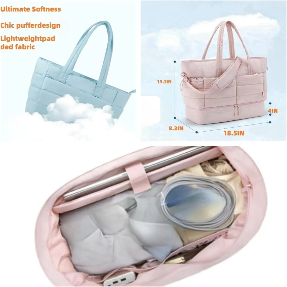 Tote Bag for Women, Puffer Bag and Work Bags with Zipper for Travel, Daily, School, Quilted Nurse Shoulder (Beige)