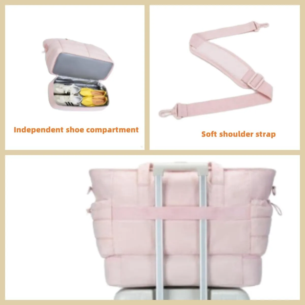 Tote Bag for Women, Puffer Bag and Work Bags with Zipper for Travel, Daily, School, Quilted Nurse Shoulder (Beige)