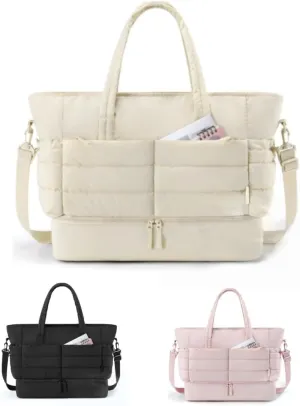 Tote Bag for Women, Puffer Bag and Work Bags with Zipper for Travel, Daily, School, Quilted Nurse Shoulder (Beige)
