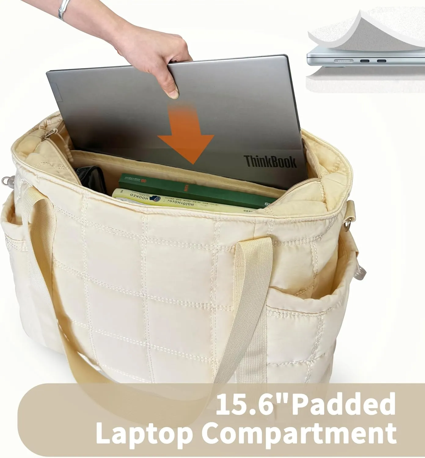 Tote Bag for Women, Puffy Bag with Zipper, Quilted Shoulder Bag with Compartments for Travel and Gym