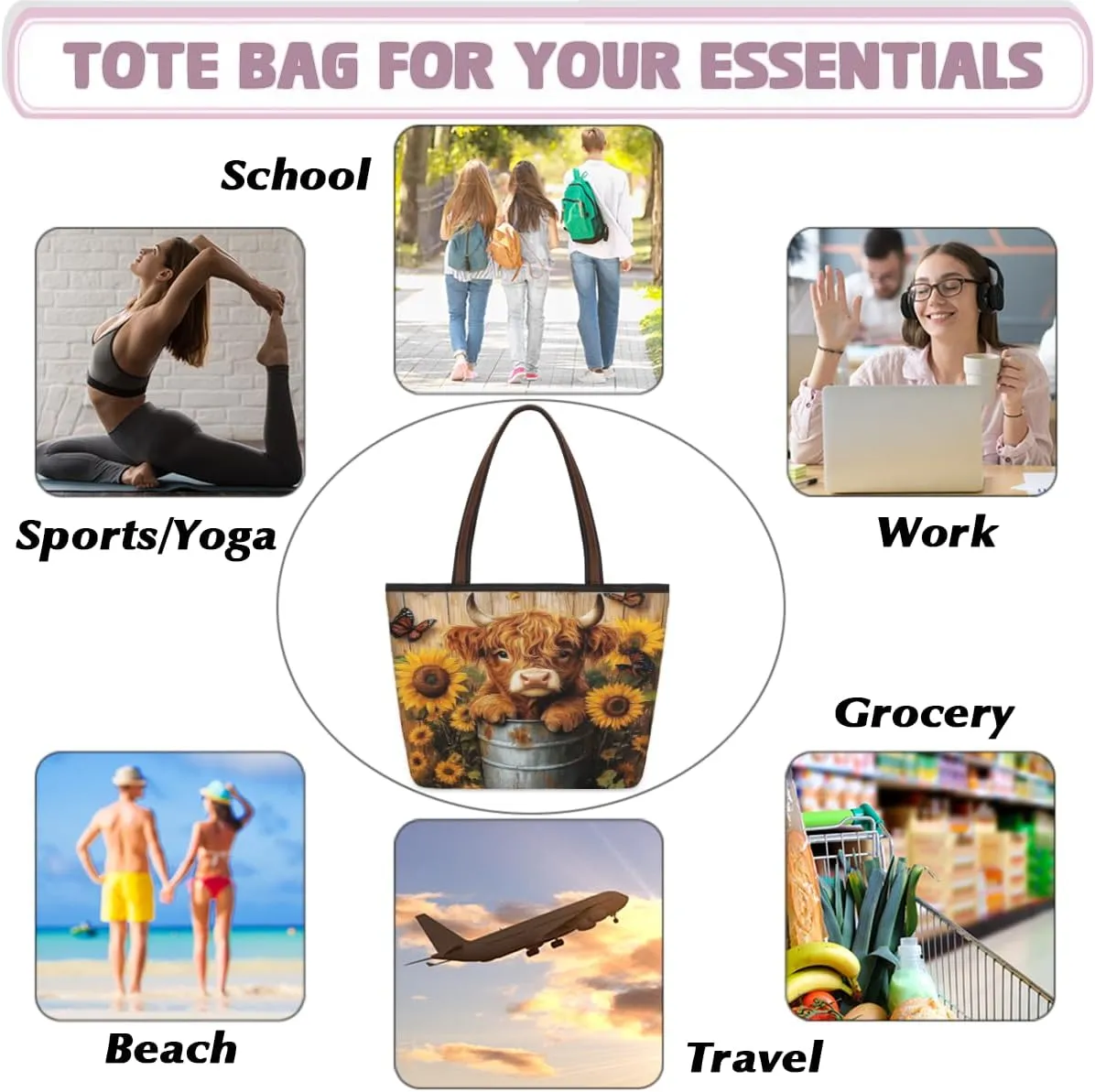Tote Bag for Women with Zipper Large Capacity Top Handle Casual Shoulder Bag Handbag Reusable Shopping