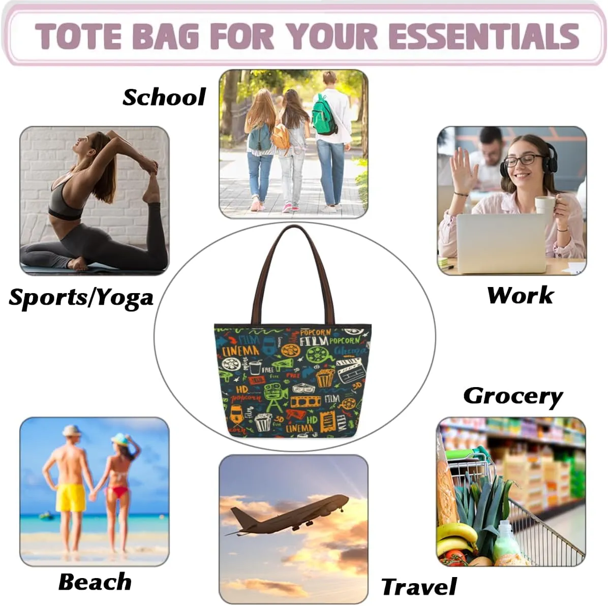 Tote Bag for Women with Zipper Large Capacity Top Handle Casual Shoulder Bag Handbag Reusable Shopping