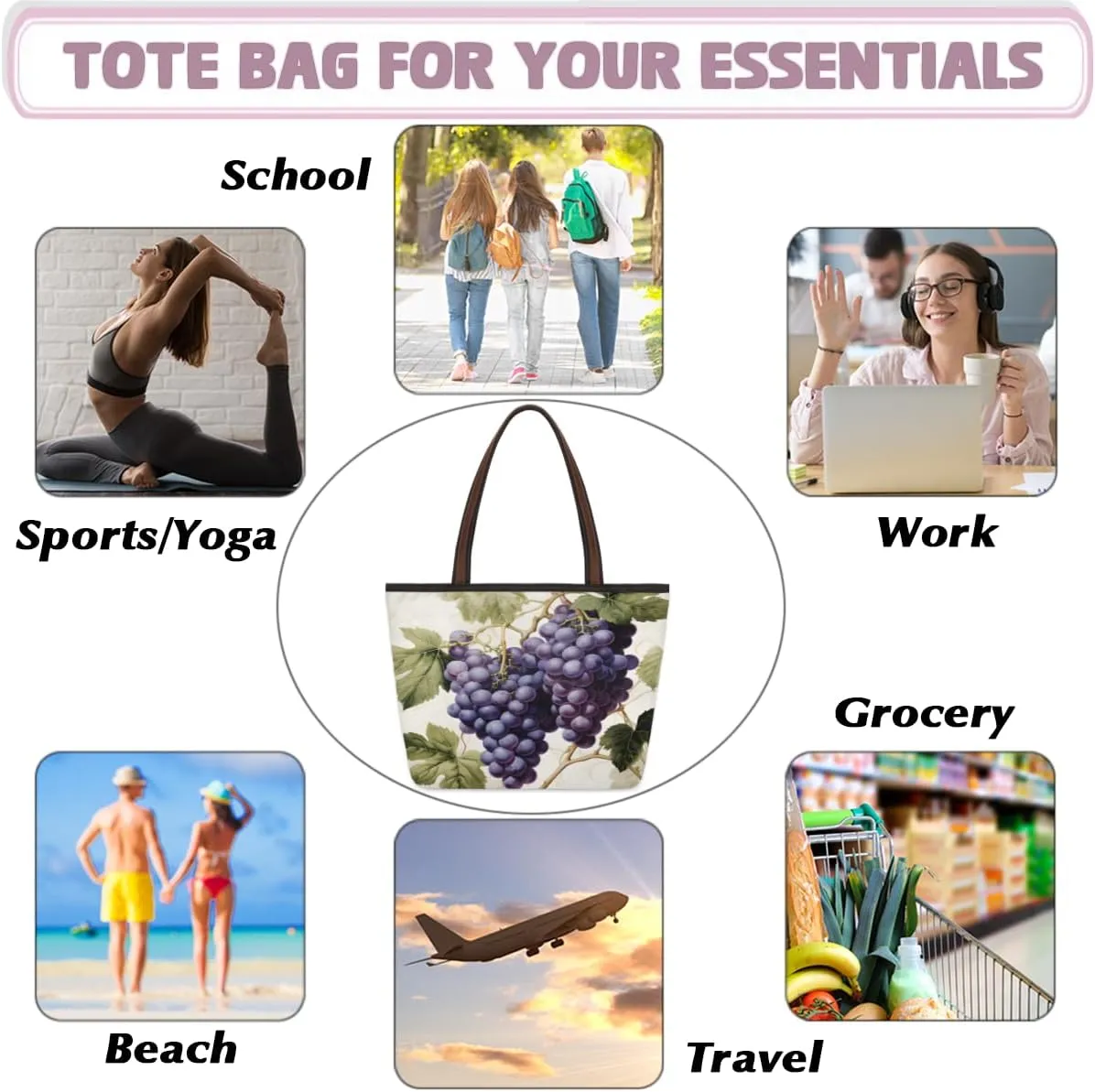 Tote Bag for Women with Zipper Large Capacity Top Handle Casual Shoulder Bag Handbag Reusable Shopping