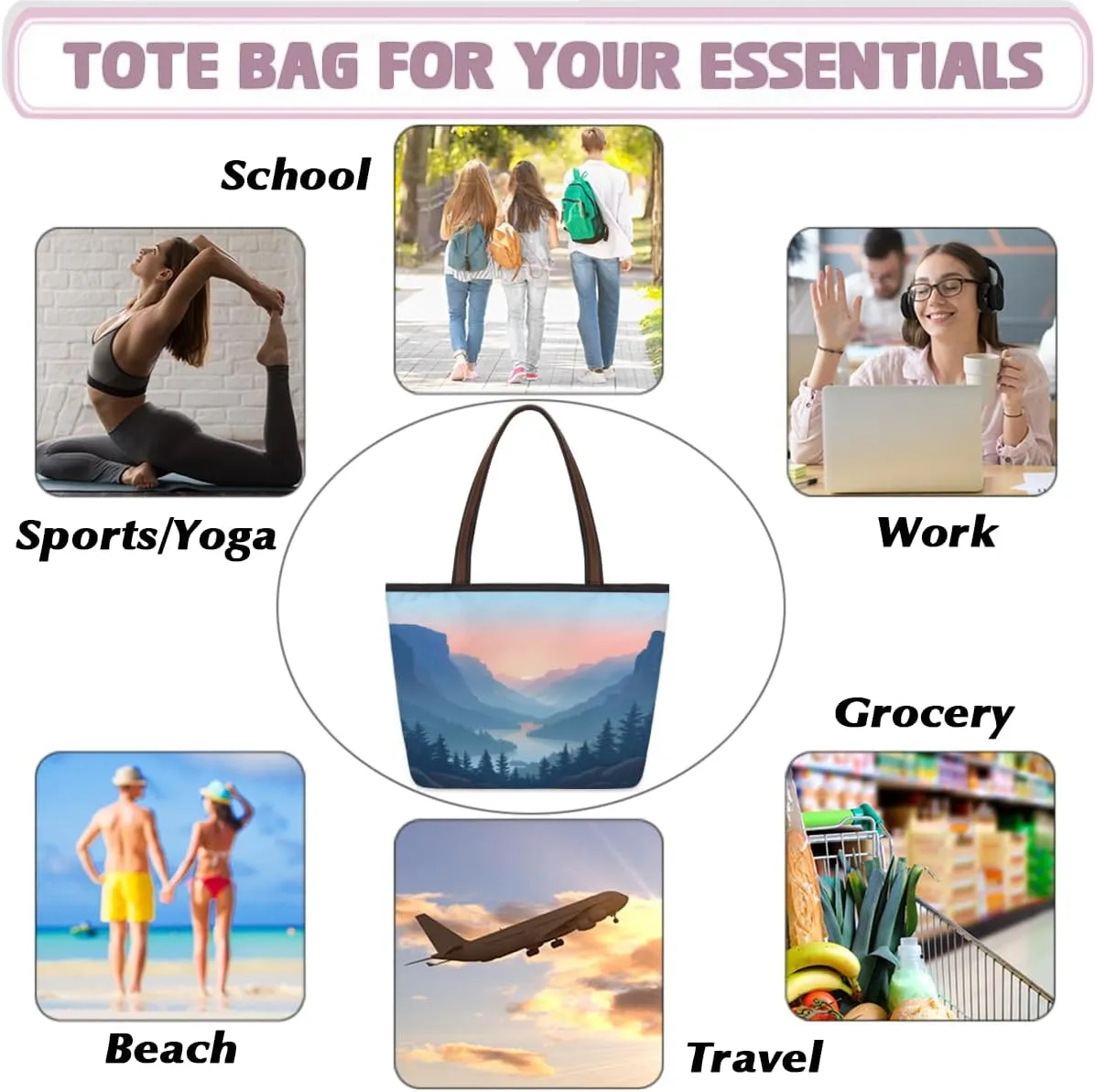 Tote Bag for Women with Zipper Large Capacity Top Handle Casual Shoulder Bag Handbag Reusable Shopping
