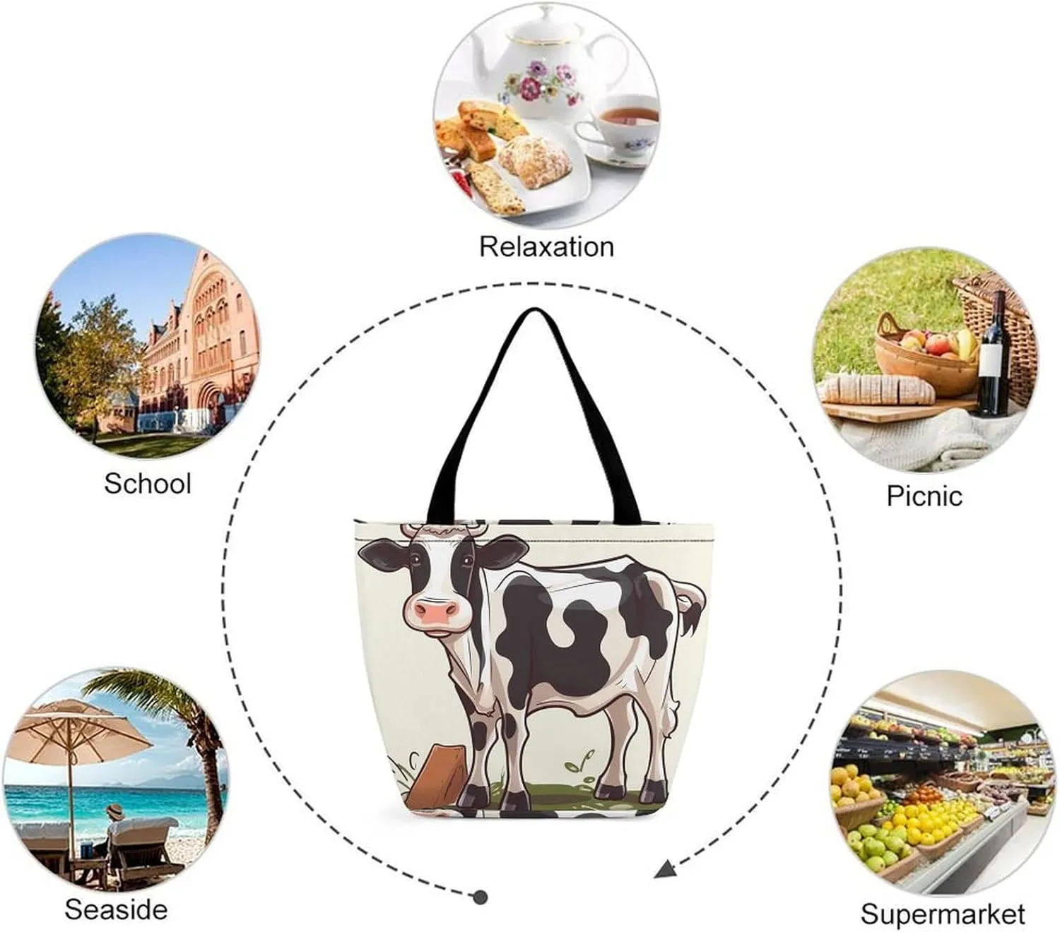 Tote Bag Reusable Grocery Bag Foldable Shopping Bag Extra Large Shoulder Bag Dairy Cow Tote Bag for Travel Work