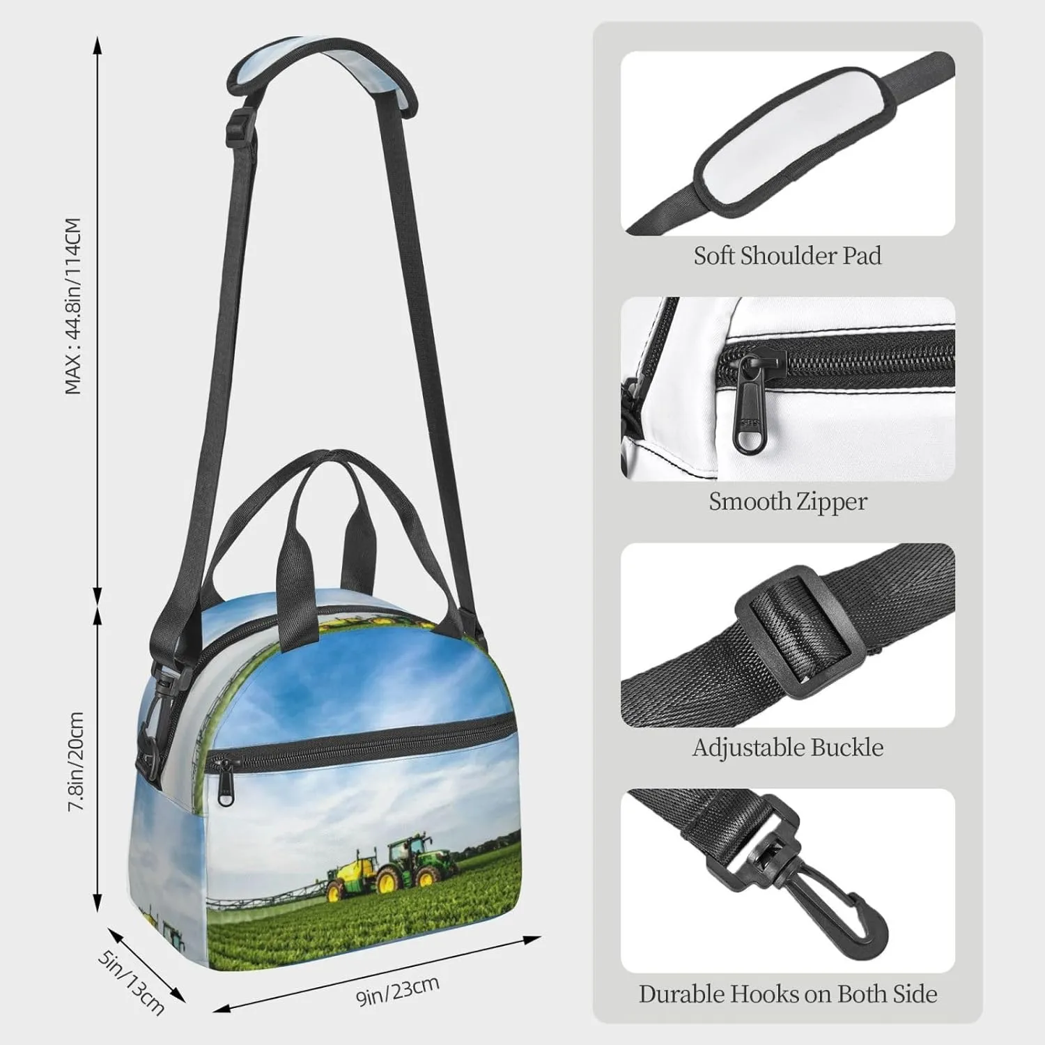 Tractor And Green Farmland Lunch Bag Hand Tote Crossbody Insulated Lunch Bag Large Portable Lunch Box