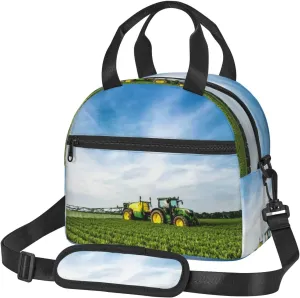 Tractor And Green Farmland Lunch Bag Hand Tote Crossbody Insulated Lunch Bag Large Portable Lunch Box