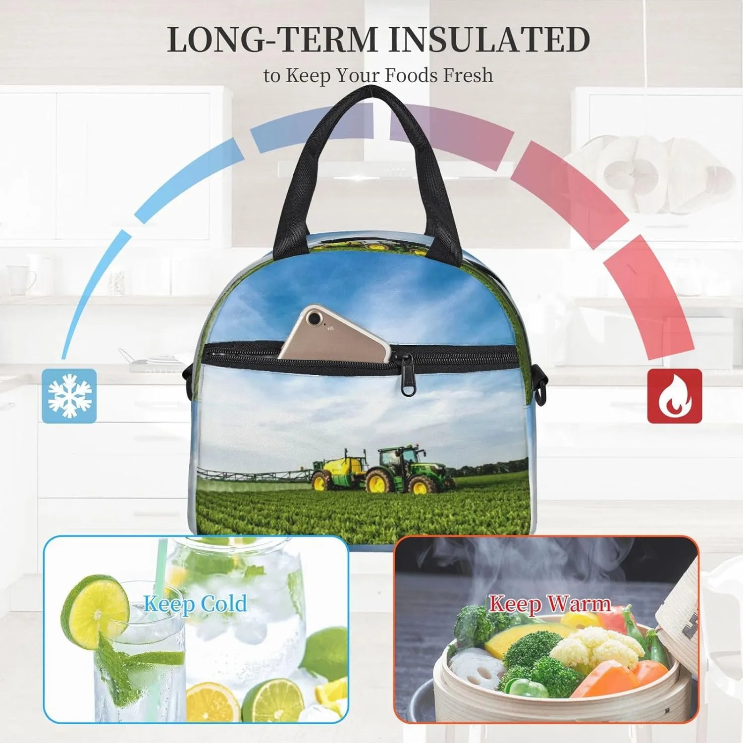 Tractor And Green Farmland Lunch Bag Hand Tote Crossbody Insulated Lunch Bag Large Portable Lunch Box