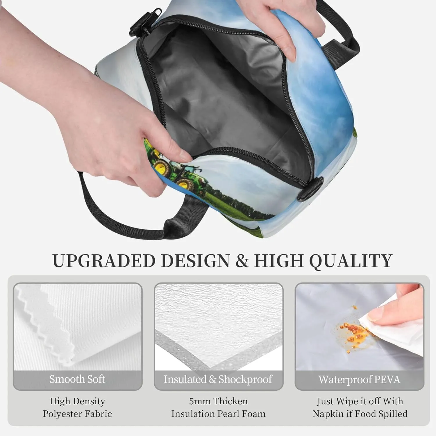 Tractor And Green Farmland Lunch Bag Hand Tote Crossbody Insulated Lunch Bag Large Portable Lunch Box