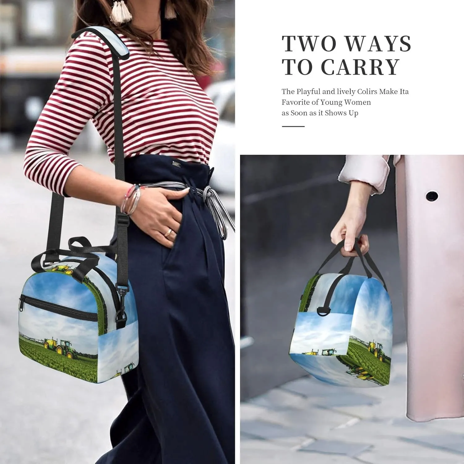 Tractor And Green Farmland Lunch Bag Hand Tote Crossbody Insulated Lunch Bag Large Portable Lunch Box