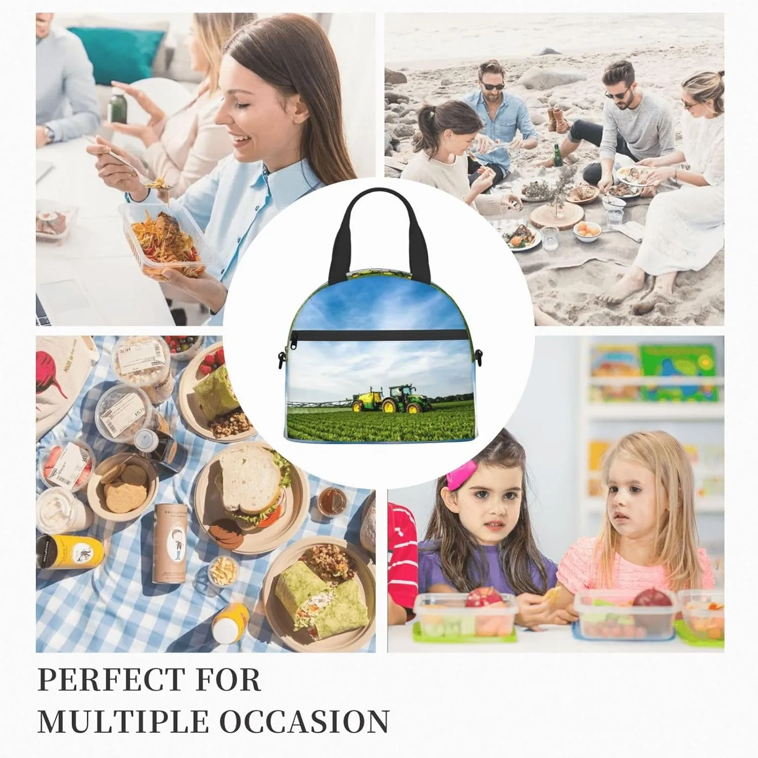 Tractor And Green Farmland Lunch Bag Hand Tote Crossbody Insulated Lunch Bag Large Portable Lunch Box