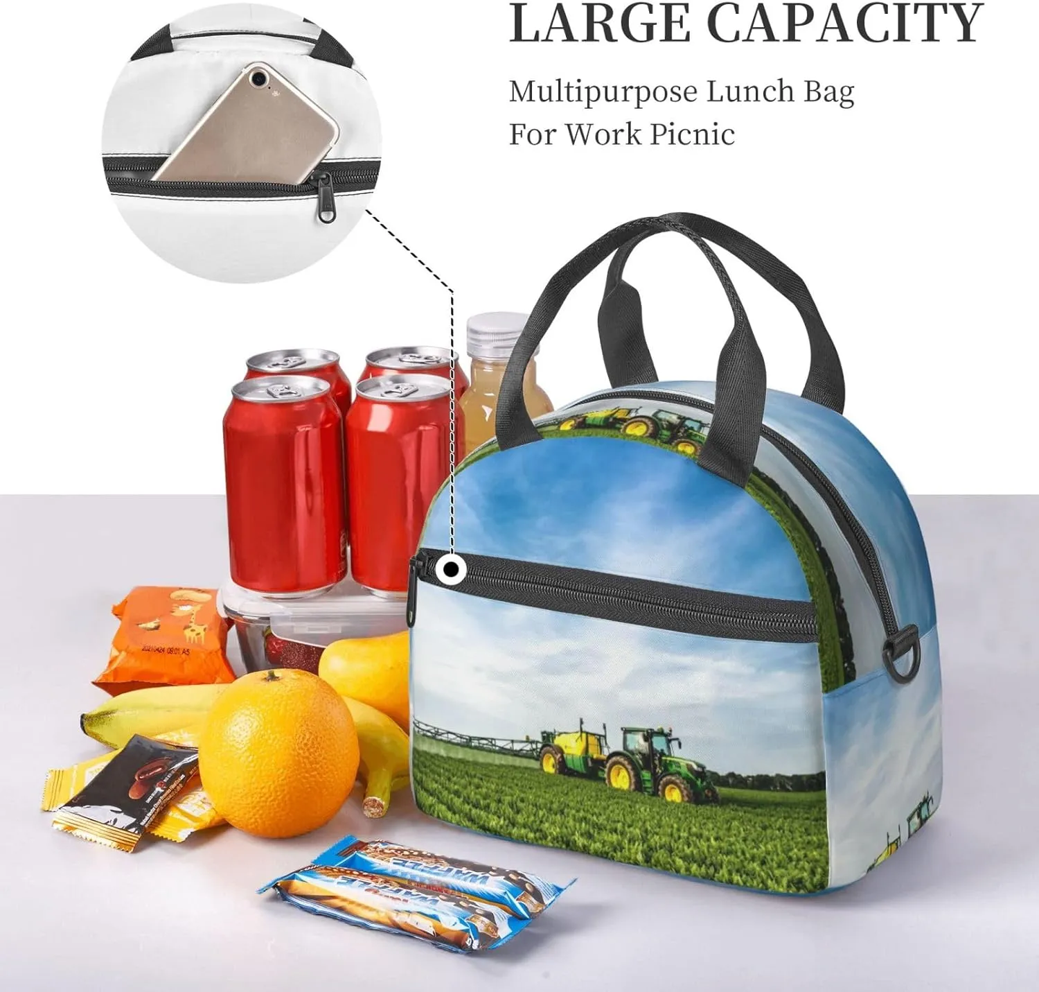 Tractor And Green Farmland Lunch Bag Hand Tote Crossbody Insulated Lunch Bag Large Portable Lunch Box