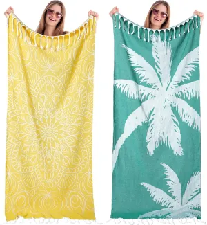 Tranqun 2 Pcs Oversized Turkish Beach Towel 35 x 71 Absorbent Cotton Bath Pool Swim Towels Extra Large Beach Sand Towel Beach Accessories Essentials for Adult Summer Travel (Mandala and Banana Tree)