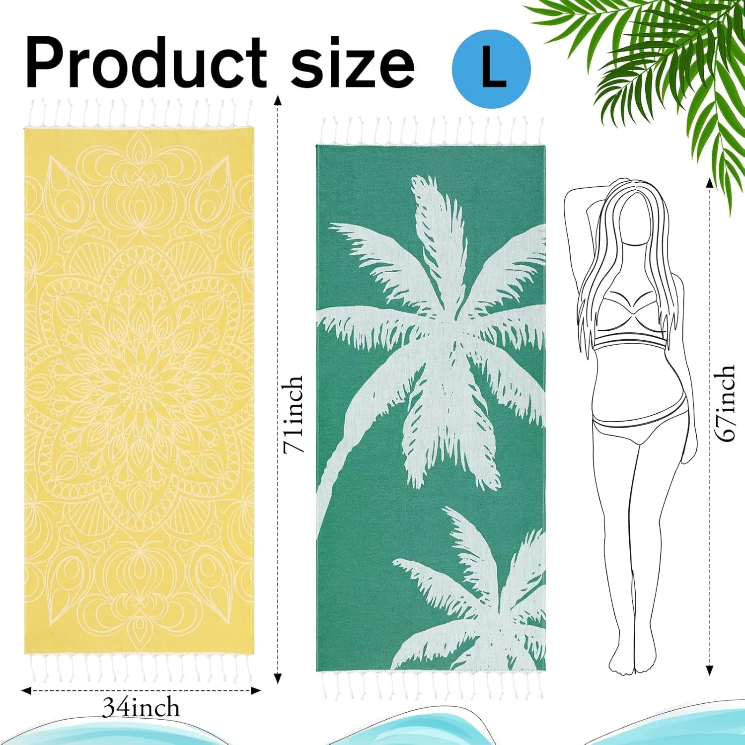 Tranqun 2 Pcs Oversized Turkish Beach Towel 35 x 71 Absorbent Cotton Bath Pool Swim Towels Extra Large Beach Sand Towel Beach Accessories Essentials for Adult Summer Travel (Mandala and Banana Tree)
