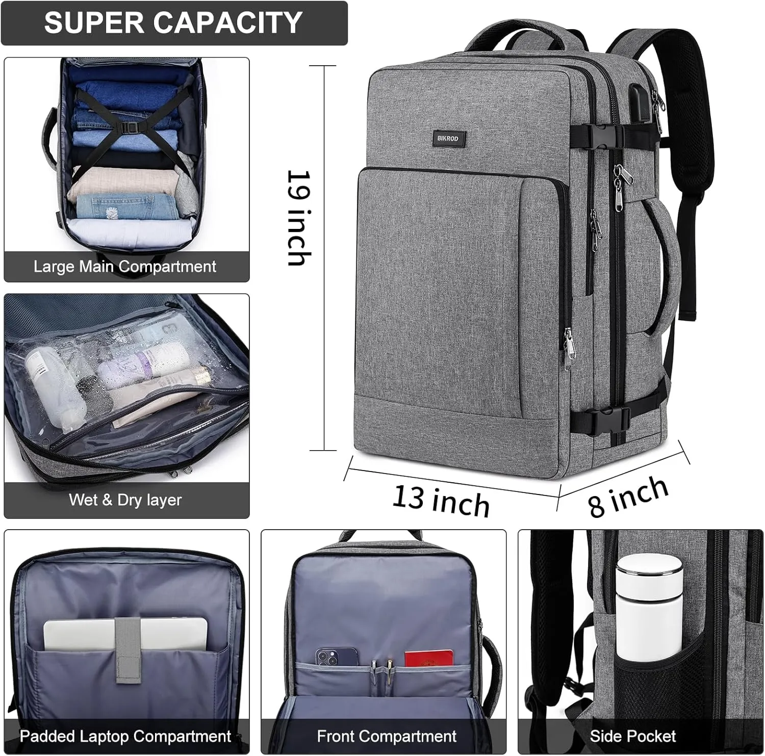 Travel Backpack for Men and Women, 40L Extra Large Flight Approved Carry on Backpack, 17.3 Inch Laptop Backpack with USB Charger Port & Luggage Sleeve, School Backpack, Black