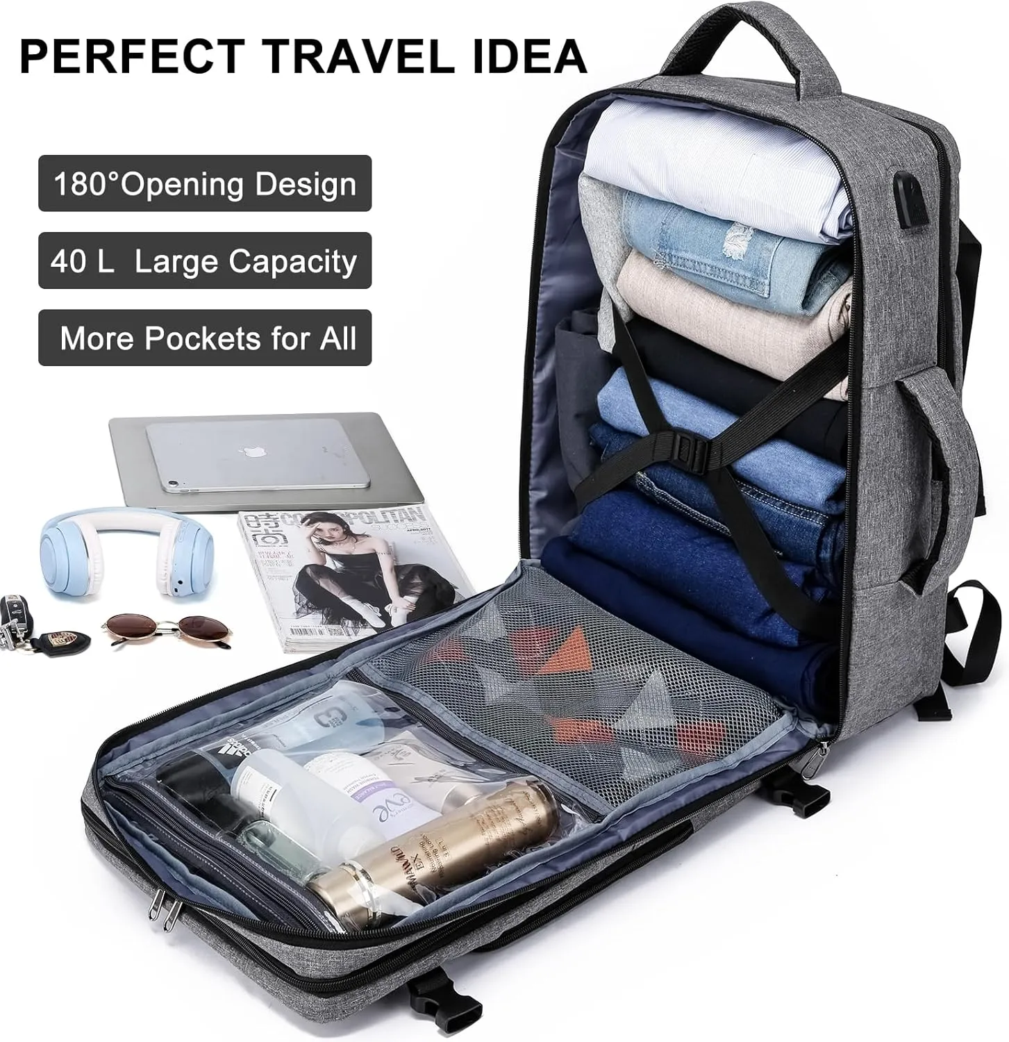 Travel Backpack for Men and Women, 40L Extra Large Flight Approved Carry on Backpack, 17.3 Inch Laptop Backpack with USB Charger Port & Luggage Sleeve, School Backpack, Black