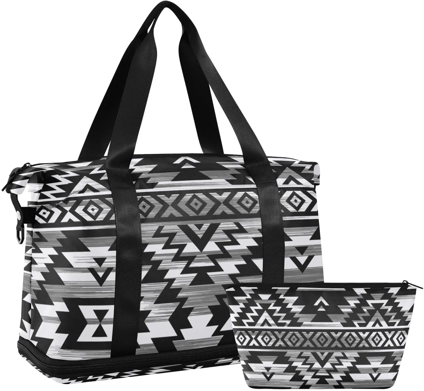 Travel Duffel Bag Black White Tribal Aztec Gym Duffel Bag for Men & Women with Shoe & Wet Compartment Shoulder Weekender Overnight Bag