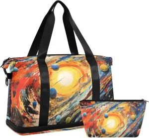 Travel Duffel Bag Colorful Cosmic Planet Gym Duffel Bag for Men & Women with Shoe & Wet Compartment Shoulder Weekender Overnight Bag