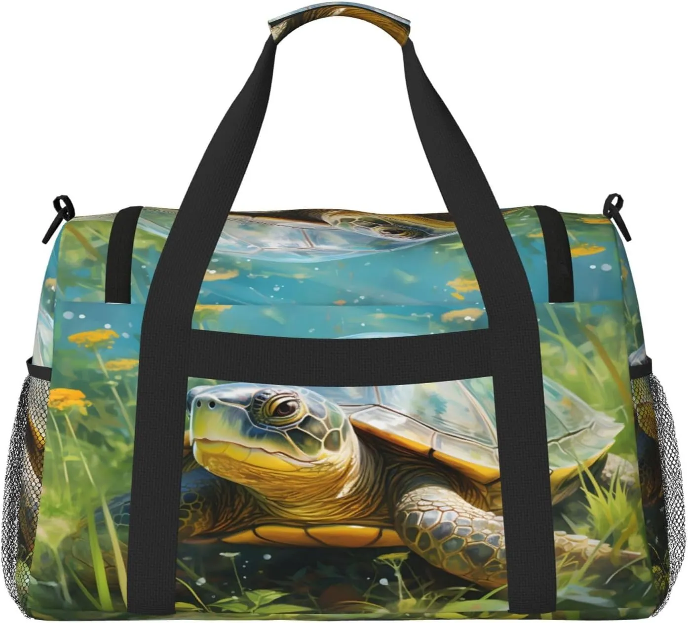 Travel Duffel Bag For Men Women, Animal Tortoise Spring Floral Carry On Sport Gym Bag With Shoulder Strap Lightweight Waterproof Weekender Bag Overnight Bag