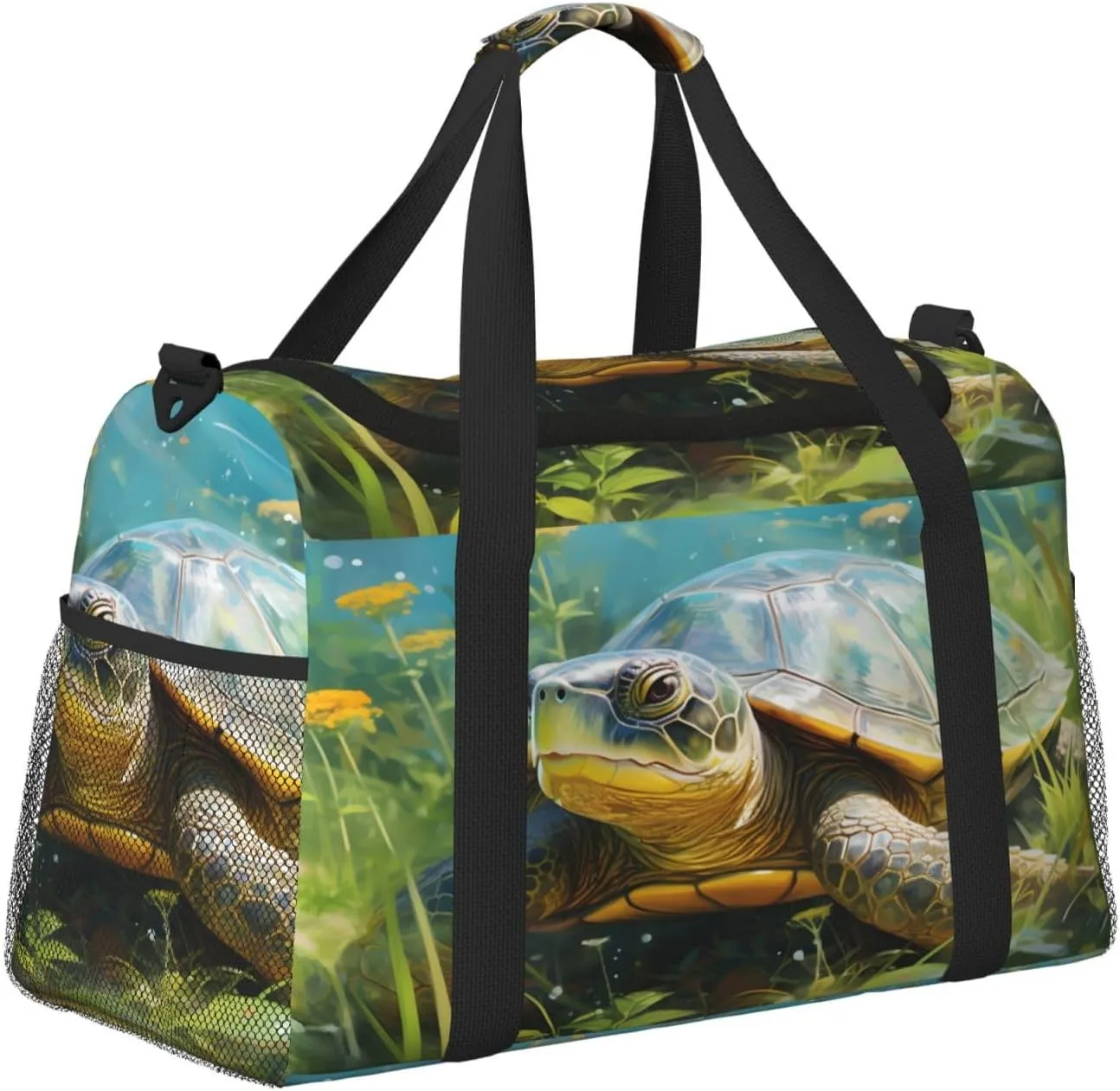 Travel Duffel Bag For Men Women, Animal Tortoise Spring Floral Carry On Sport Gym Bag With Shoulder Strap Lightweight Waterproof Weekender Bag Overnight Bag