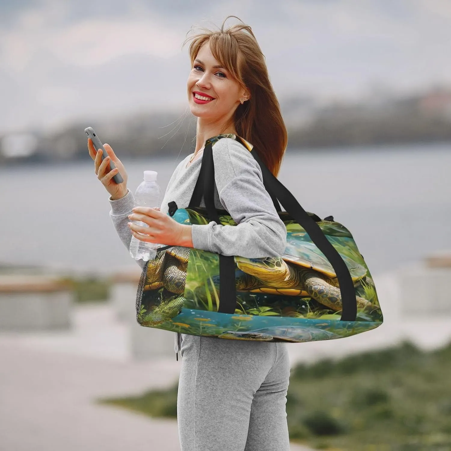 Travel Duffel Bag For Men Women, Animal Tortoise Spring Floral Carry On Sport Gym Bag With Shoulder Strap Lightweight Waterproof Weekender Bag Overnight Bag