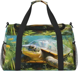 Travel Duffel Bag For Men Women, Animal Tortoise Spring Floral Carry On Sport Gym Bag With Shoulder Strap Lightweight Waterproof Weekender Bag Overnight Bag