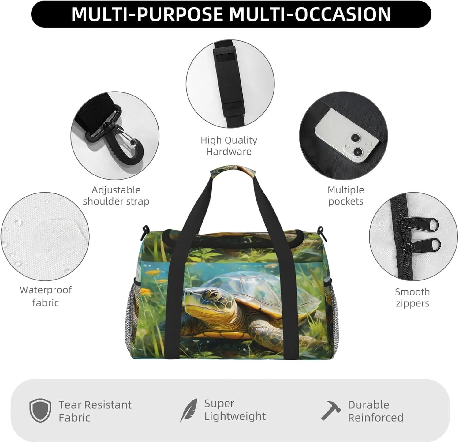 Travel Duffel Bag For Men Women, Animal Tortoise Spring Floral Carry On Sport Gym Bag With Shoulder Strap Lightweight Waterproof Weekender Bag Overnight Bag
