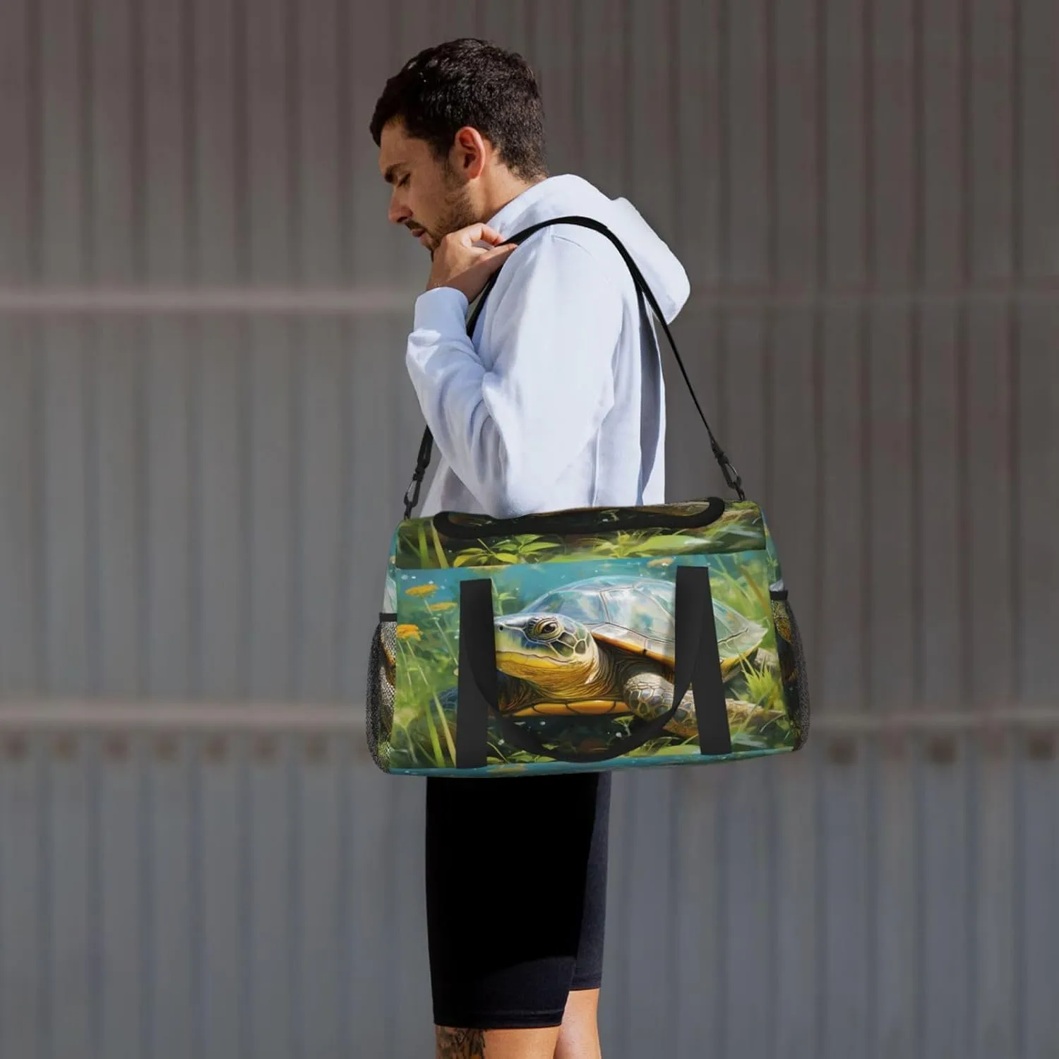Travel Duffel Bag For Men Women, Animal Tortoise Spring Floral Carry On Sport Gym Bag With Shoulder Strap Lightweight Waterproof Weekender Bag Overnight Bag
