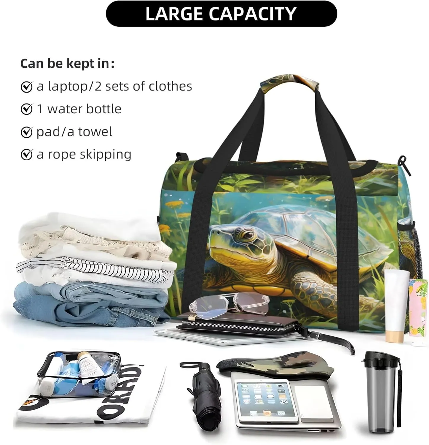 Travel Duffel Bag For Men Women, Animal Tortoise Spring Floral Carry On Sport Gym Bag With Shoulder Strap Lightweight Waterproof Weekender Bag Overnight Bag