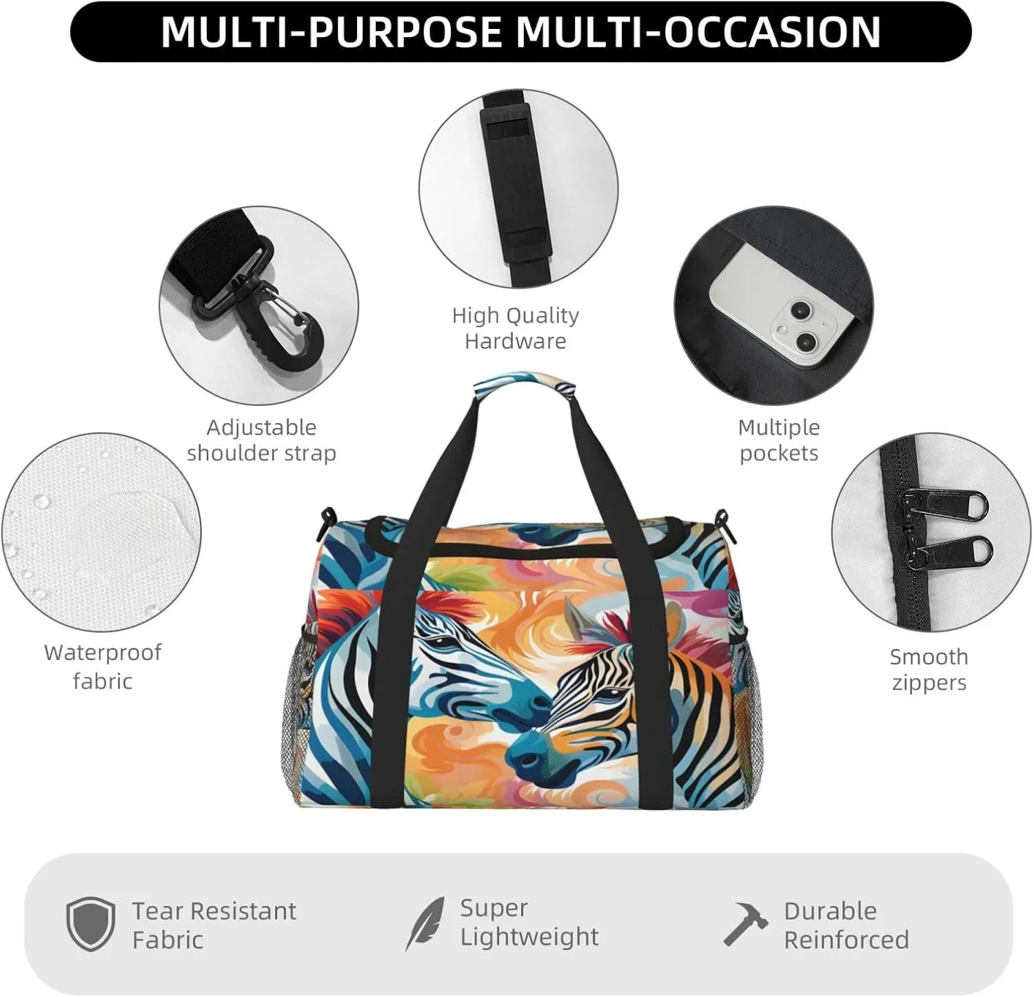 Travel Duffel Bag For Men Women, Animal Zebra Art Painting Carry On Sport Gym Bag With Shoulder Strap Lightweight Waterproof Weekender Bag Overnight Bag