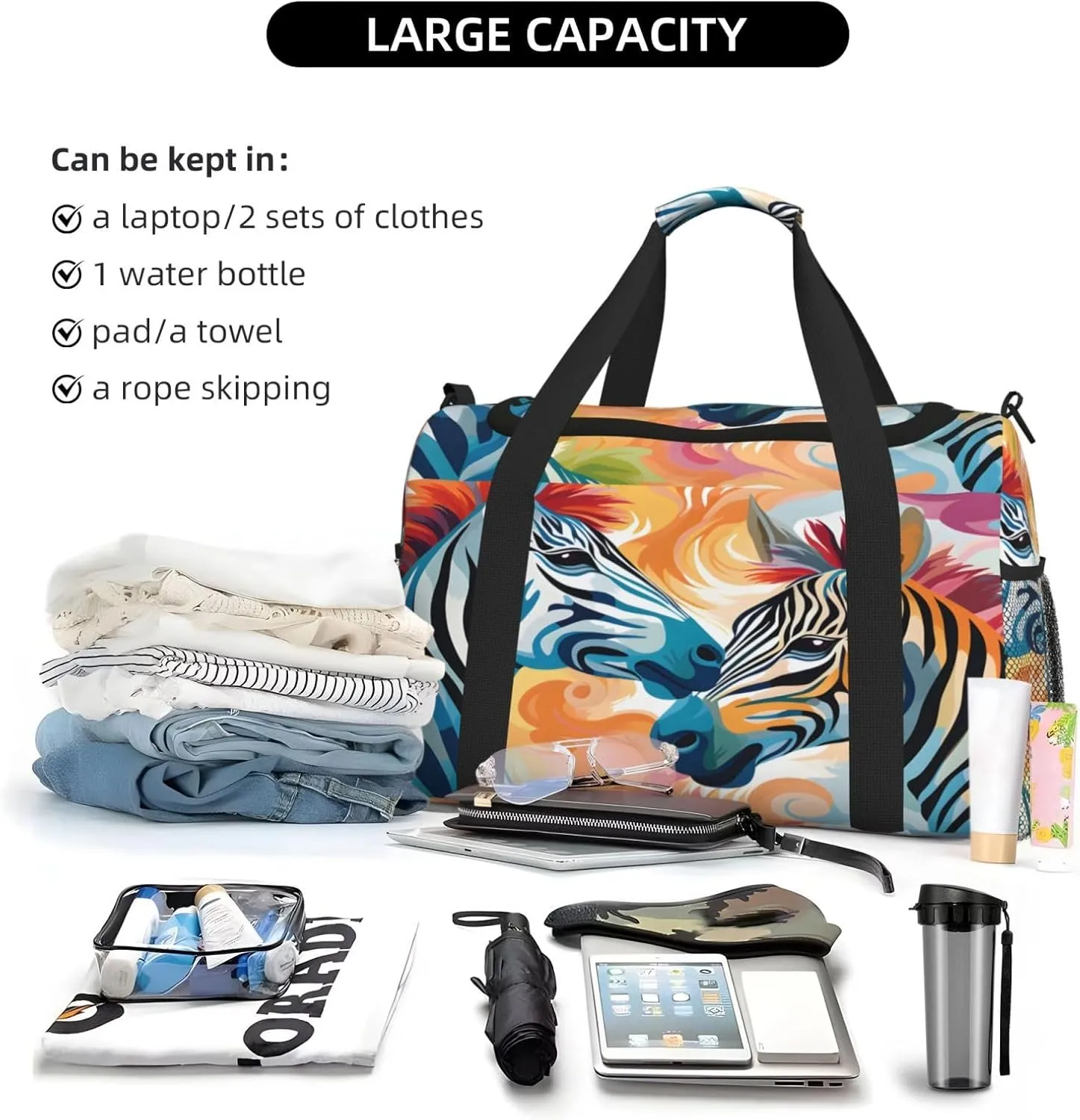 Travel Duffel Bag For Men Women, Animal Zebra Art Painting Carry On Sport Gym Bag With Shoulder Strap Lightweight Waterproof Weekender Bag Overnight Bag