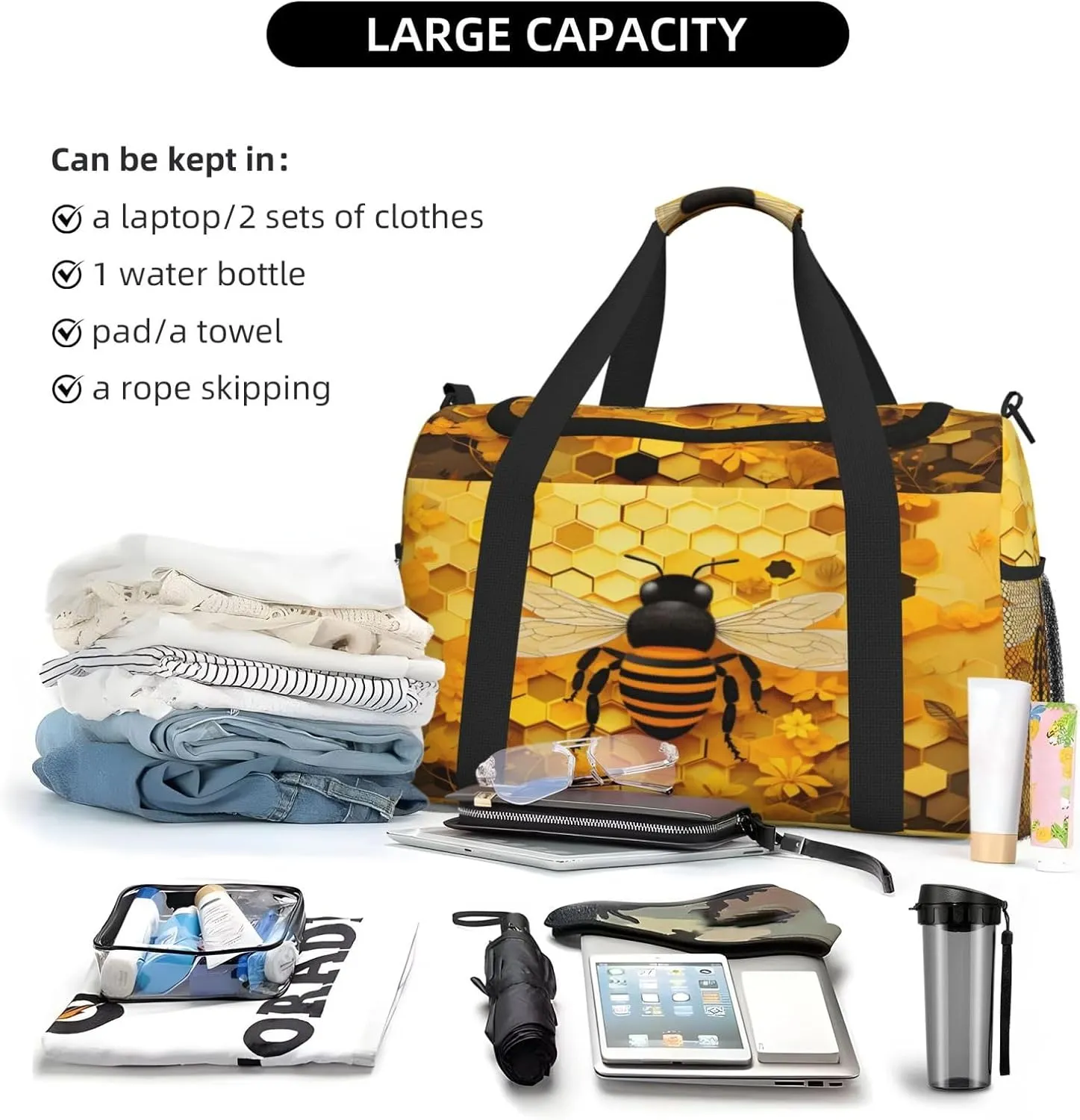 Travel Duffel Bag For Men Women, Bee Honeycomb Beehive Carry On Sport Gym Bag With Shoulder Strap Lightweight Waterproof Weekender Bag Overnight Bag