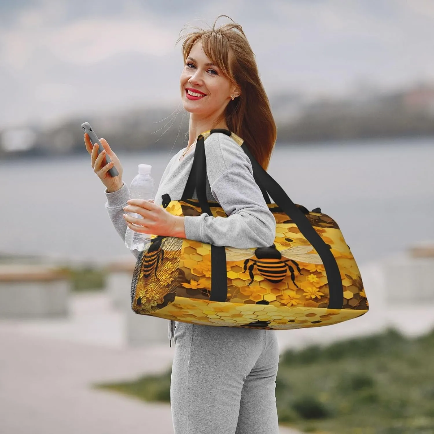 Travel Duffel Bag For Men Women, Bee Honeycomb Beehive Carry On Sport Gym Bag With Shoulder Strap Lightweight Waterproof Weekender Bag Overnight Bag