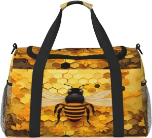 Travel Duffel Bag For Men Women, Bee Honeycomb Beehive Carry On Sport Gym Bag With Shoulder Strap Lightweight Waterproof Weekender Bag Overnight Bag