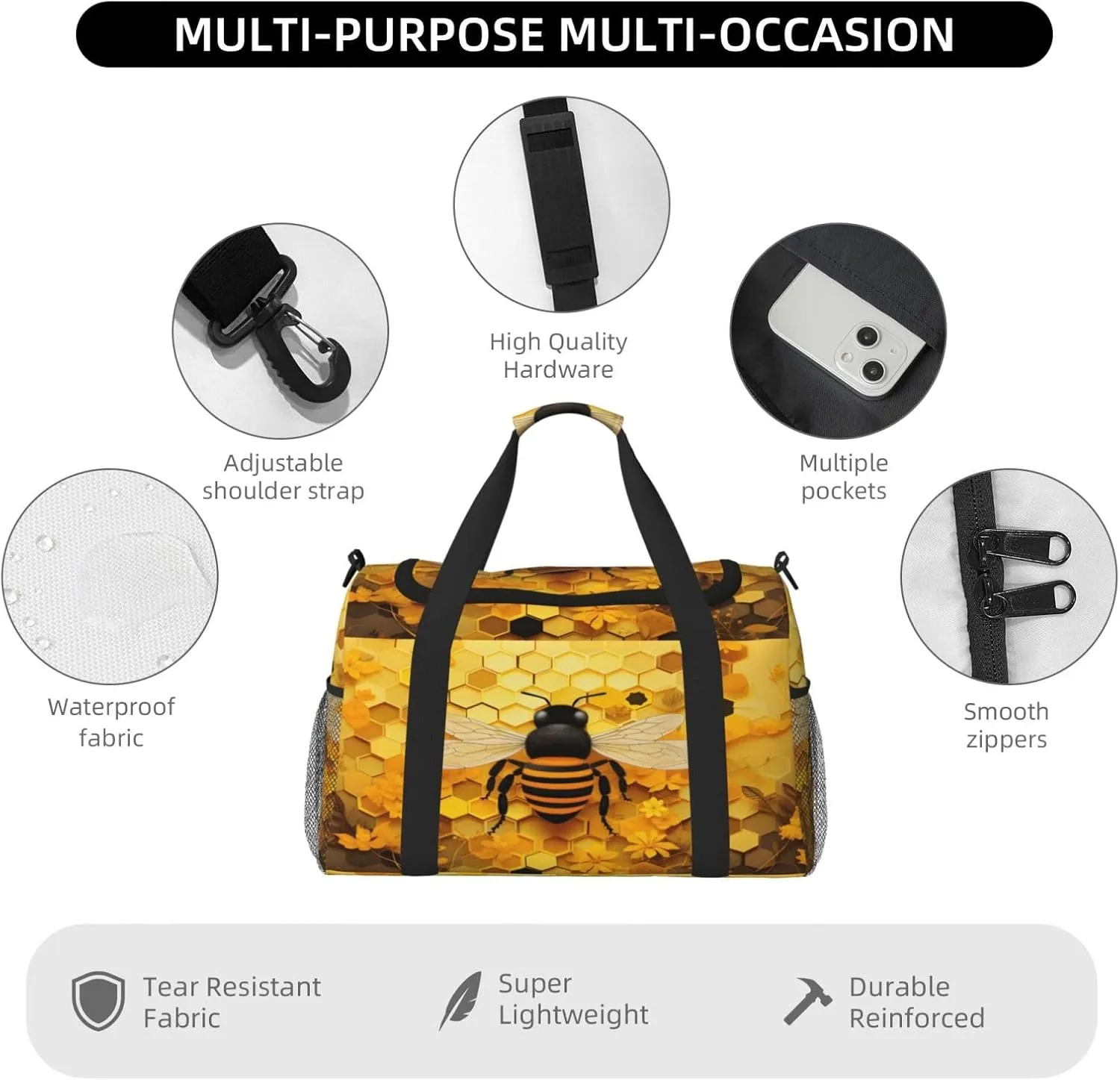 Travel Duffel Bag For Men Women, Bee Honeycomb Beehive Carry On Sport Gym Bag With Shoulder Strap Lightweight Waterproof Weekender Bag Overnight Bag