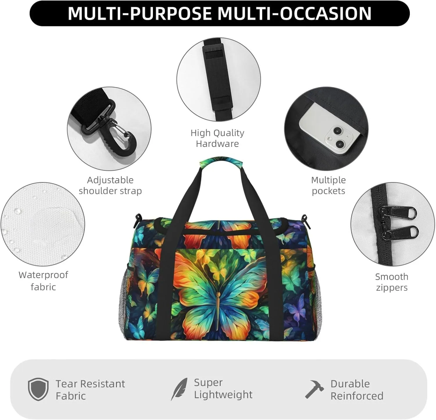 Travel Duffel Bag For Men Women, Colorful Butterflies Pattern Carry On Sport Gym Bag With Shoulder Strap Lightweight Waterproof Weekender Bag Overnight Bag