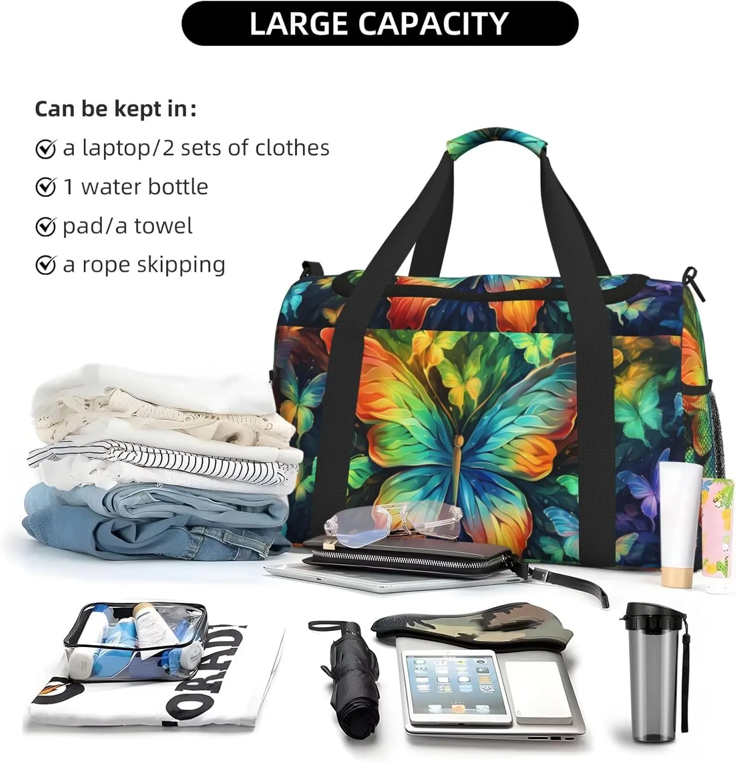 Travel Duffel Bag For Men Women, Colorful Butterflies Pattern Carry On Sport Gym Bag With Shoulder Strap Lightweight Waterproof Weekender Bag Overnight Bag