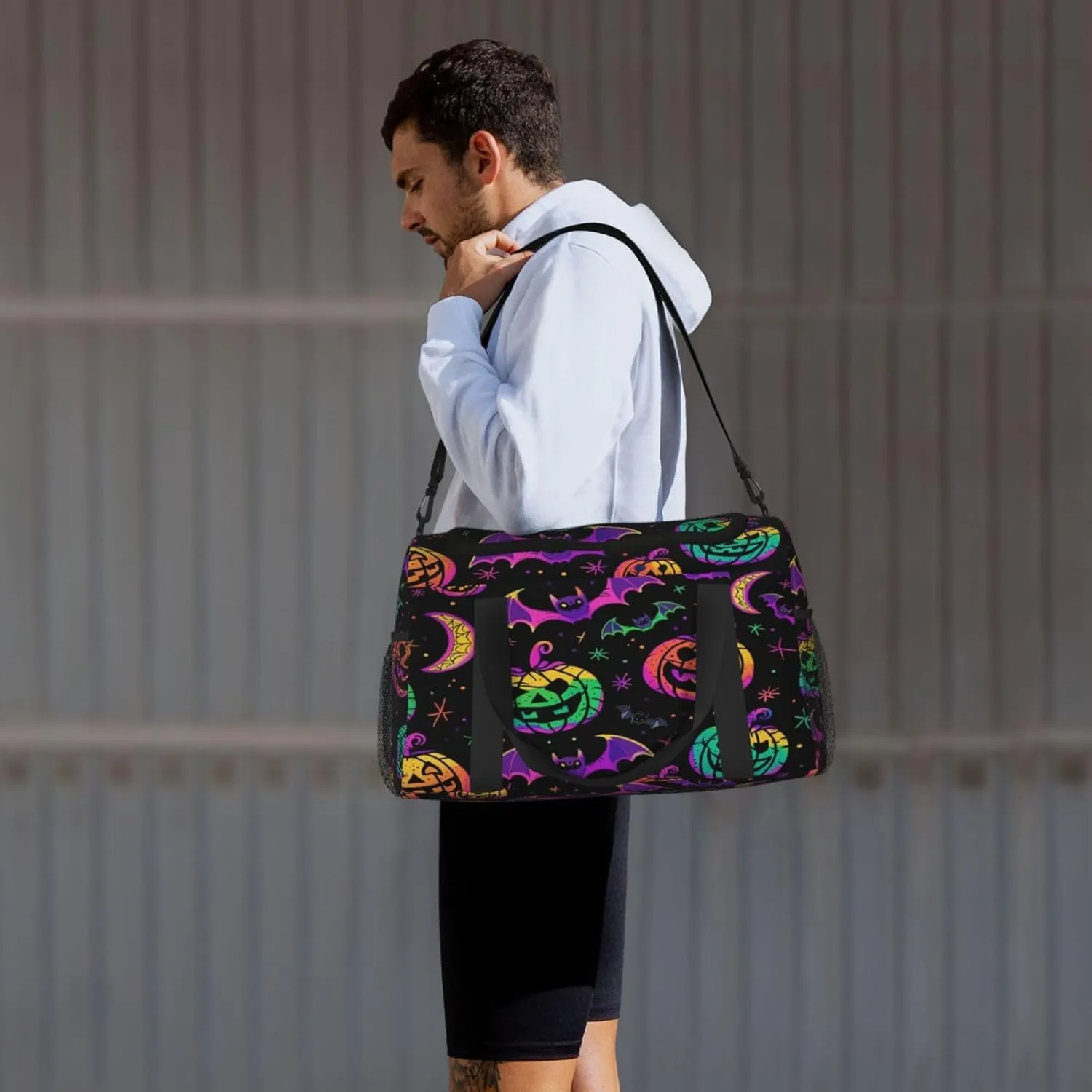 Travel Duffel Bag For Men Women, Colorful Pumpkins Bats Halloween Carry On Sport Gym Bag With Shoulder Strap Lightweight Waterproof Weekender Bag Overnight Bag