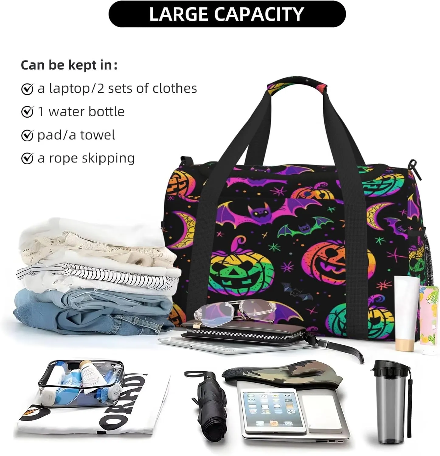 Travel Duffel Bag For Men Women, Colorful Pumpkins Bats Halloween Carry On Sport Gym Bag With Shoulder Strap Lightweight Waterproof Weekender Bag Overnight Bag