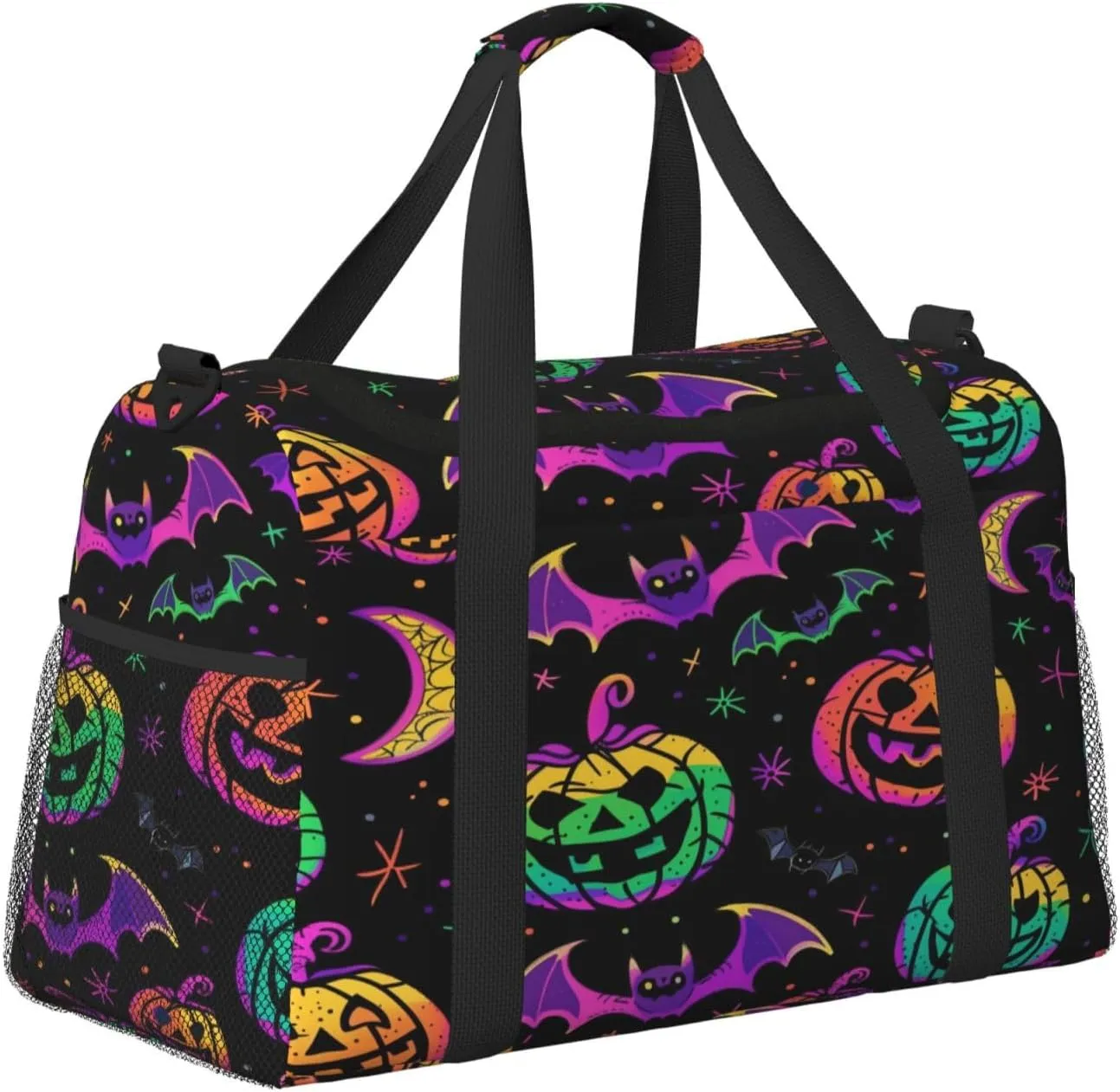 Travel Duffel Bag For Men Women, Colorful Pumpkins Bats Halloween Carry On Sport Gym Bag With Shoulder Strap Lightweight Waterproof Weekender Bag Overnight Bag