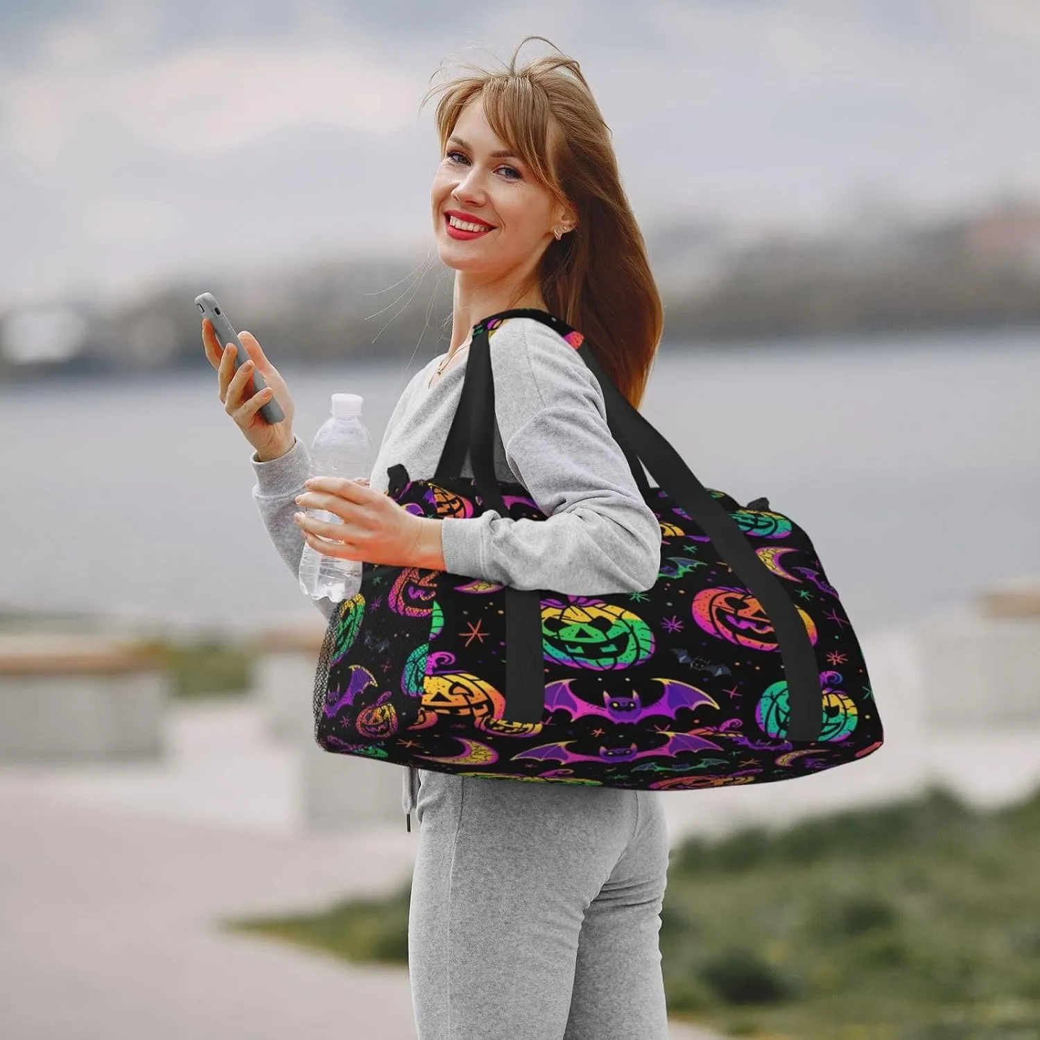Travel Duffel Bag For Men Women, Colorful Pumpkins Bats Halloween Carry On Sport Gym Bag With Shoulder Strap Lightweight Waterproof Weekender Bag Overnight Bag