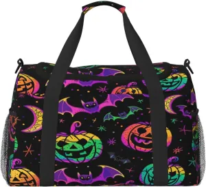 Travel Duffel Bag For Men Women, Colorful Pumpkins Bats Halloween Carry On Sport Gym Bag With Shoulder Strap Lightweight Waterproof Weekender Bag Overnight Bag